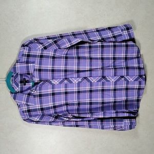 12106 Talbots purple plaid long sleeve button up blouse S